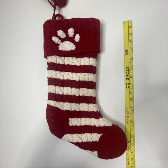 Red and White Cable Knit Christmas Stocking with Paw Print and Pom Poms - Picture 7 of 7